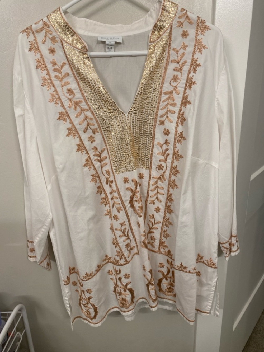 Charter Club White Tunic with Gold Embroidery